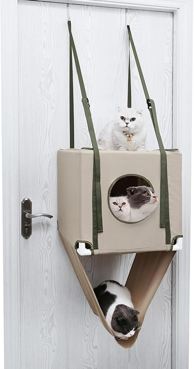 2 Tiered Hanging Cats Bed Door Mounted Space Saving Double Layer Cats Hammock for Multiple Cats with Breathable Polyeste