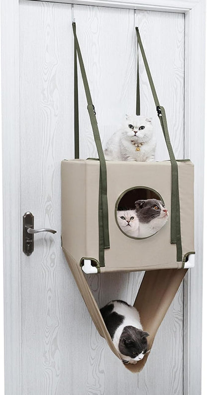 2 Tiered Hanging Cats Bed Door Mounted Space Saving Double Layer Cats Hammock for Multiple Cats with Breathable Polyeste