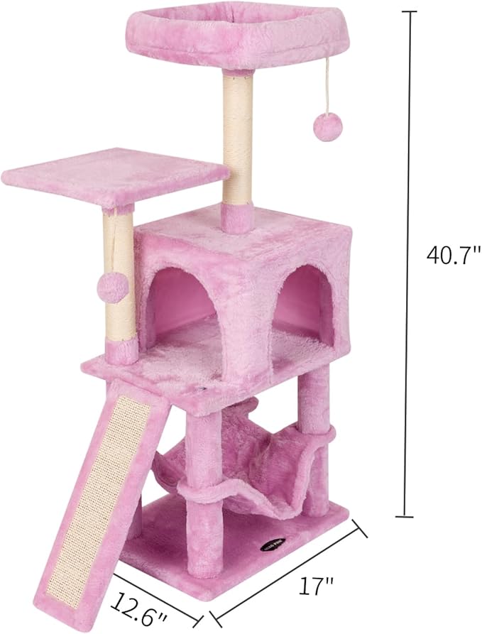 MIAO PAW Pink Cute Cat Tree for Indoor Cat Tower with Scratching Post Modern Activity House Hammock Hanging Ball Condo with Board