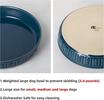 Fun Elements Shallow Dog Bowls, 10.5" Ceramic Large Food Plate for Small, Medium and Large Breeds, Non-Slip, Flat and Wide, Dishwasher Safe, Suitable for Dogs and Cats (Blue)