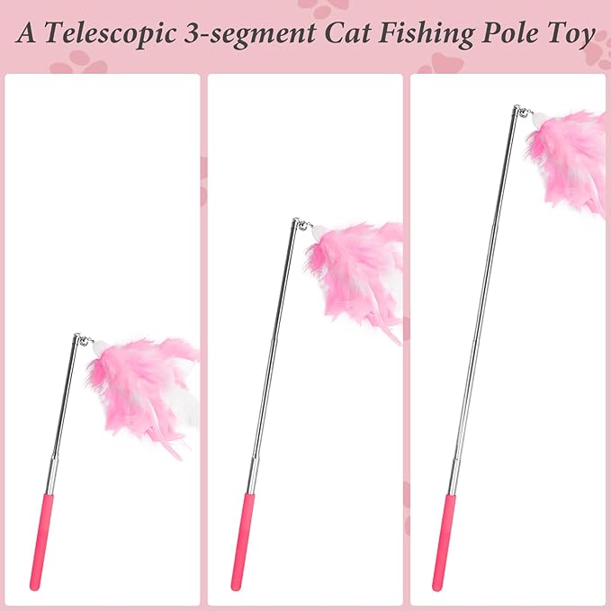 Andiker 5Pcs Retractable Cat Wand Toy, Cats Toy Set Contains 1 Feather Teaser & 3 Replaceable Tassels with Bell Stimulate Cats Hunting and Chasing Instincts Interactive Cat Toys (Orange)
