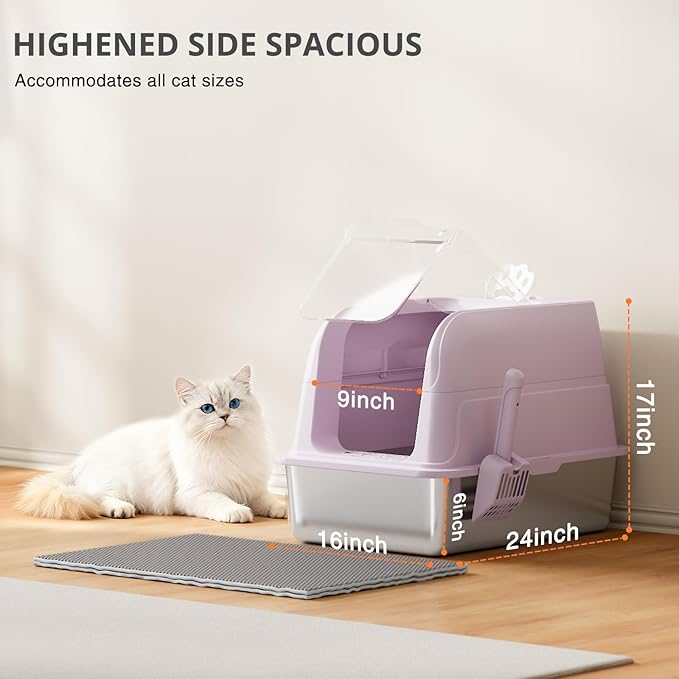 Stainless Steel Cat Litter Box Fully Enclosed Extra Large Metal High Sided Cat Box with 120° Fully Transparent See-Through Flip Lid, Scoop & Mat - Pink -XL