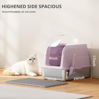 Stainless Steel Cat Litter Box Fully Enclosed Extra Large Metal High Sided Cat Box with 120° Fully Transparent See-Through Flip Lid, Scoop & Mat - Pink -XL
