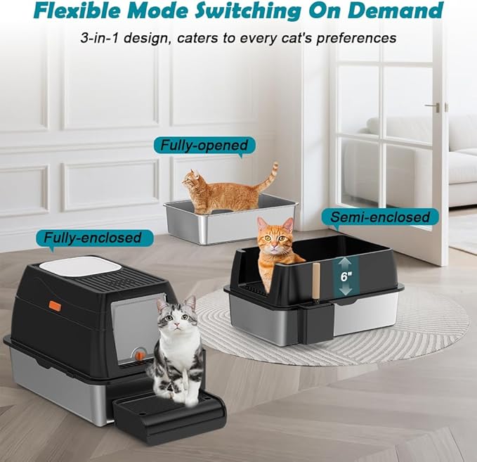 SZEE XL Stainless Steel Litter Box with Lid, Extra Large Metal Covered Litter Box, Stainless Box Easy Clean, Activated Charcoal Odor Control Design, Includes Litter Scoop & Mat & Step, Black
