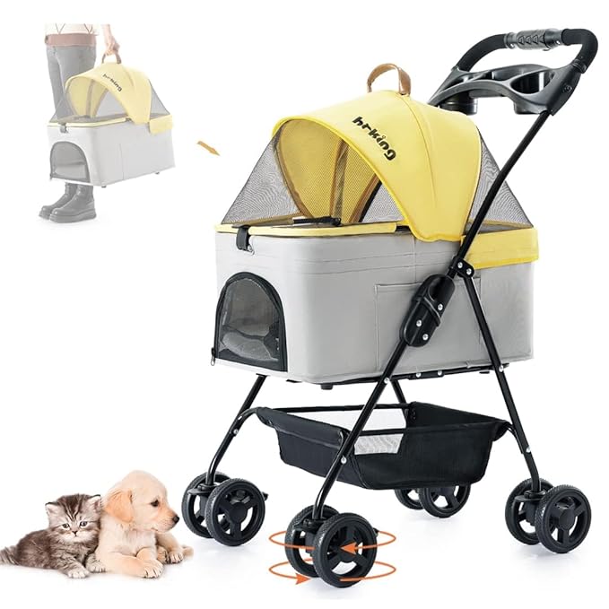 3-in-1 Pet Stroller for Small Dogs and Cats, Folding Lightweight Dog Stroller with Detachable Carrier Portable Cat Puppy Jogging Stroller with Cup Holder and Storage Basket, 4 Wheels