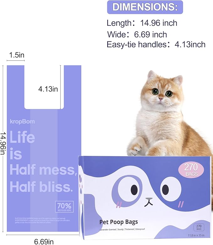270 Count Cat Litter Bags Lavender Scented with Handles, Disposable Litter Bags for Pet Poop, Extra-Thick Kitty Waste Bags Easy Tie Leak-Proof Strengthen
