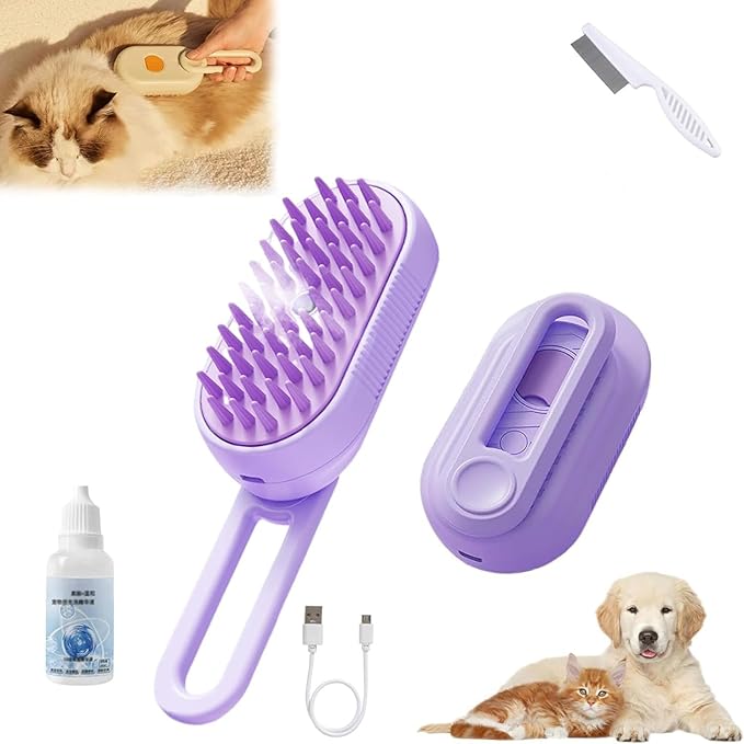 Cat Brush, 4 in 1 Self Cleaning Silicone Cat Steam Brush Quick & Easy Pet Hair Remover Comb for Shedding, Massage, Cleaning, 360° Rotating Pet Steam Brushs for Cats Dogs (Purple)