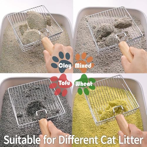 UFECODO Fast Sifting Cat Litter Scoop with Holder Stand, Stainless Steel Poop Scooper with Ergonomic Wood Handle, Heavy Duty and Easy Clean - Image 3