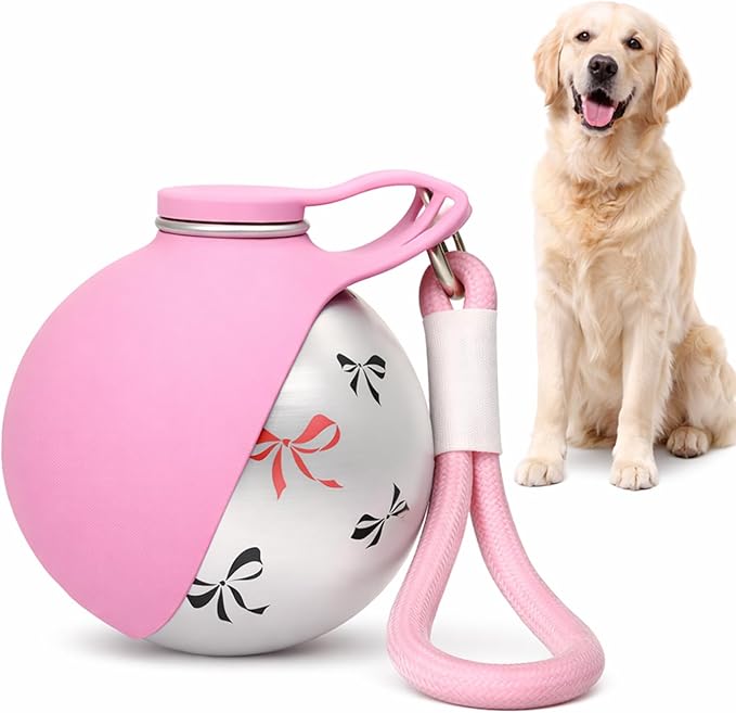 Foldable Pet Water Bottle, Portable Leak Proof Dog Water Bottle with Silicone Drinking Bowl, 304 Stainless Steel Travel Water Dispenser for Dogs and Cats, 287ML (Pink+Print)