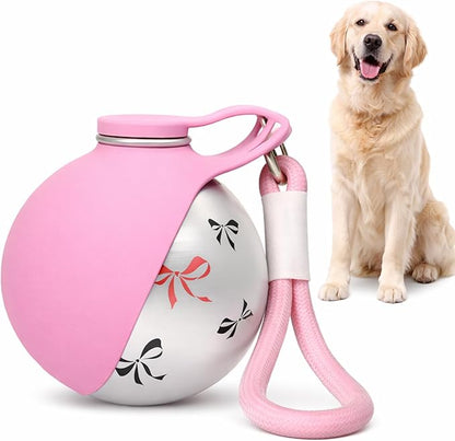 Foldable Pet Water Bottle, Portable Leak Proof Dog Water Bottle with Silicone Drinking Bowl, 304 Stainless Steel Travel Water Dispenser for Dogs and Cats, 287ML (Pink+Print)