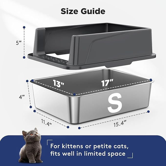 FURTIME 2 Pack Stainless Steel Cat Litter Box with Lid, Metal Kitty Litter Box for Small Cats, Kitten Litter Boxs with Non-Sticky, Anti-Leakage, Easy to Clean, 17"x13"x8.4" (Small)
