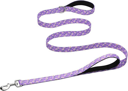 Hikiko Double Handle Dog Leash 4 Ft for Small Medium Large Dogs, Padded Traffic Handles Lead for Walking Training (Purple Floral)