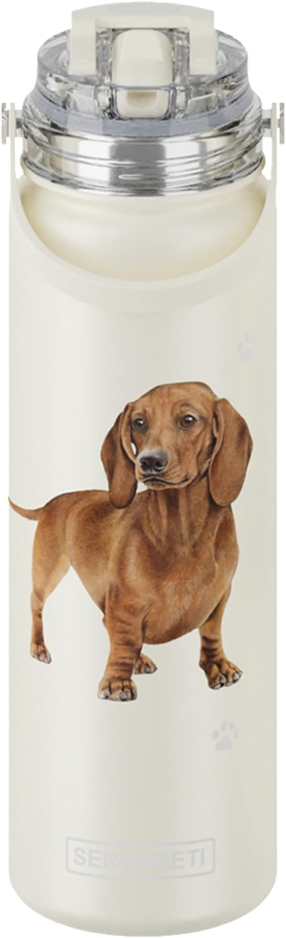 SERENGETI 24 Oz Water Bottle Stainless Steel with Spill Proof Lid - Double walled Vacuum Insulated water flask - Realistic 3D Print of your favorite dog (Dachshund red)
