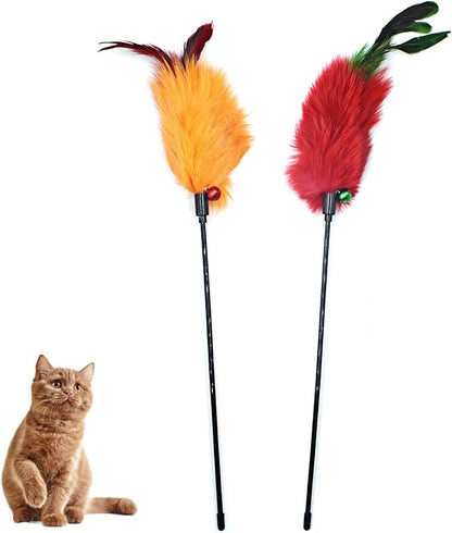 Cat Wands, 2 PCS Cat Feather Wands with Bell Cat Teaser Wand with Soft Furry Tai Interactive Cat Toys for Cat and Kitten