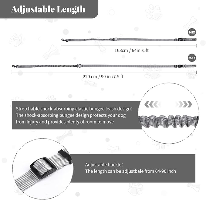Heavy Duty Multifunctional Hands Free Dog Leash - Adjustable, Reflective Stitches, Car Safety Buckle, Waist Leash for Dog Walking, Running, Hiking - 5-7FT