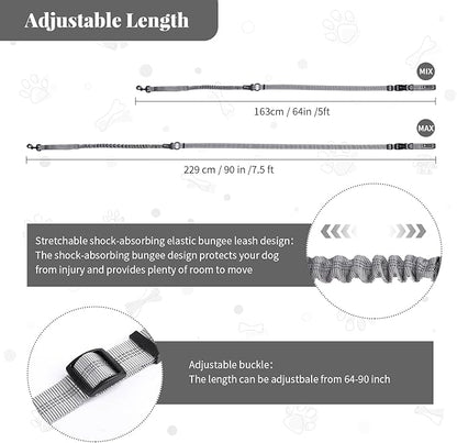 Heavy Duty Multifunctional Hands Free Dog Leash - Adjustable, Reflective Stitches, Car Safety Buckle, Waist Leash for Dog Walking, Running, Hiking - 5-7FT
