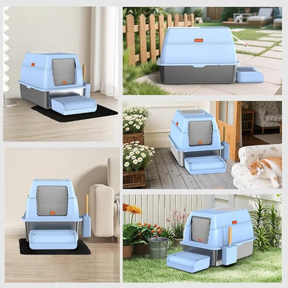 SZEE XL Stainless Steel Litter Box with Lid, Extra Large Metal Covered Litter Box, Stainless Box Easy Clean, Activated Charcoal Odor Control Design, Includes Litter Scoop & Mat & Step, Blue