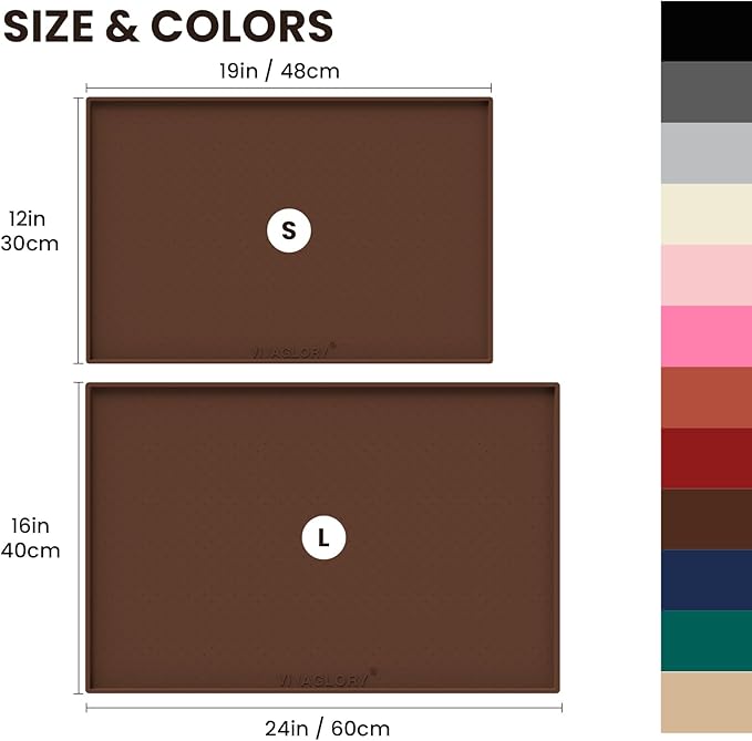 VIVAGLORY Dog Bowl Mat Grippymat Pet Food Mat, Waterproof Washable Nonslip Silicone for Pet & Cat, Food and Water Placemat with Lip & Raised Edges for Indoor Floor, S, Chocolate