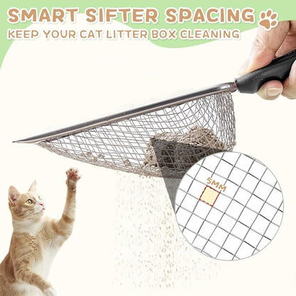 Cat Litter Scoop - Long Handle Scooper, Rustproof Stainless Steel Mesh, Non-Slip Grip, Deep Shovel Sifter for All Litter Types, Easy Clean Kitty Waste Litter for Litter Box(Red)