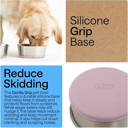GORILLA GRIP Dog Bowls, Food Grade 304 Stainless Steel, Holds 4 Cups Each (32 fl oz) Food and Water Bowl for Feeding Dogs and Cats, Dishwasher Safe, Rust Resistant, BPA Free Rubber Base Set of 2 Pink