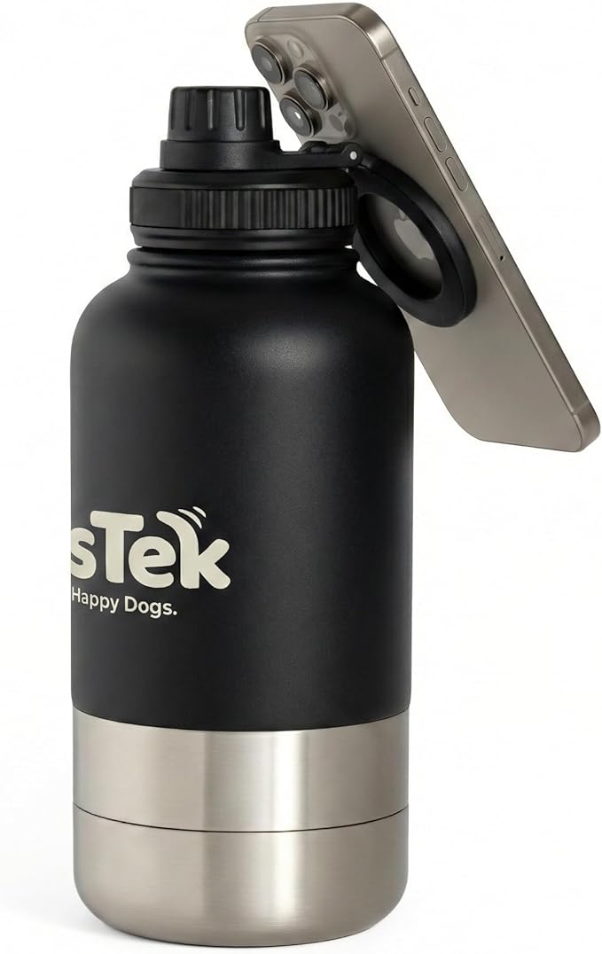 Portable Dog Water Bottle - 3 in 1 Insulated Stainless Steel Travel Bowl & Food Dispenser with Leak Proof Magnetic Lid - Dog Accessories for Walking, Hiking, Outdoor, Camping (32oz Black)