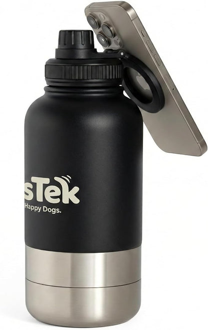 Portable Dog Water Bottle - 3 in 1 Insulated Stainless Steel Travel Bowl & Food Dispenser with Leak Proof Magnetic Lid - Dog Accessories for Walking, Hiking, Outdoor, Camping (32oz Black)