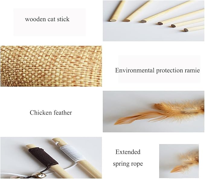 Artshu 6pcs 40cm Feather Linen Wand Cat Catcher Teaser Stick Interactive Toys Wood Rod Mouse Toy with Mini Bell