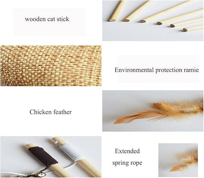 Artshu 6pcs 40cm Feather Linen Wand Cat Catcher Teaser Stick Interactive Toys Wood Rod Mouse Toy with Mini Bell