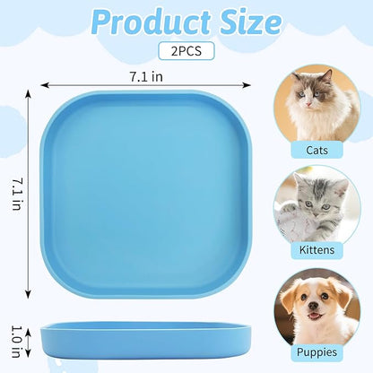 Fhiny 2PCS Silicone Cat Bowls Set 7.1 x 7.1 in Shallow Dog Dish Whisker Friendly Cat Food Plate for Dry & Wet Food Dishwasher Safe Non-Slip Pet Feeding Bowls for Kittens and Puppies (Blue)