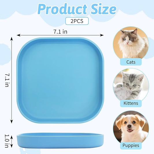 Fhiny 2PCS Silicone Cat Bowls Set 7.1 x 7.1 in Shallow Dog Dish Whisker Friendly Cat Food Plate for Dry & Wet Food Dishwasher Safe Non-Slip Pet Feeding Bowls for Kittens and Puppies (Blue)
