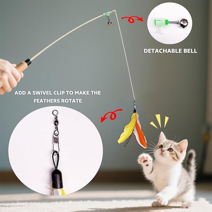 10 Pieces Cat Feather Toy Refills,Cat Wand Replacement Feathers Toys with Clip & Removable Bell,Wand Attachment Feather Toys for Indoor Cats (10 Pcs Feathers)