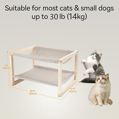Cat Bed, Double-Layer Wooden Cat Hammock for Indoor/Outdoor, Elevated Small Dog Bed, Made of Natural Materials, Breathable, Comfortable, Sturdy & Durable