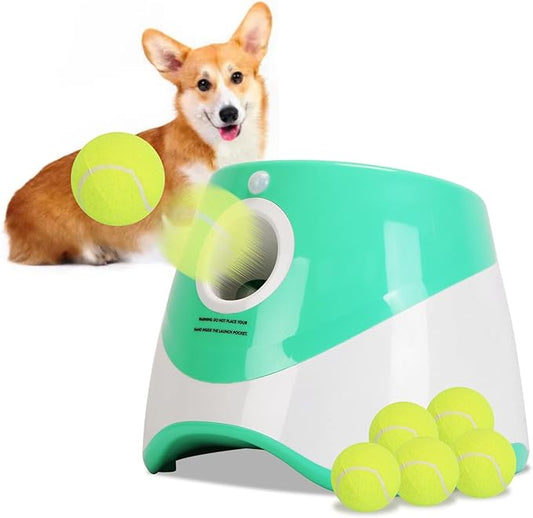 Automatic Ball Launcher for Dogs, Dog Ball Thrower Launcher Fetch Machine with 3 Adjustable Distance & 6 Tennis Balls (2 inch),Indoor Outdoor Interactive Puppy Pet Toy for Small to Medium Dogs