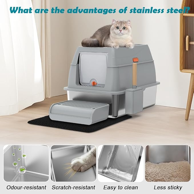 SZEE XL Stainless Steel Litter Box with Lid, Extra Large Metal Covered Litter Box, Stainless Box Easy Clean, Activated Charcoal Odor Control Design, Includes Litter Scoop & Mat & Step, Grey