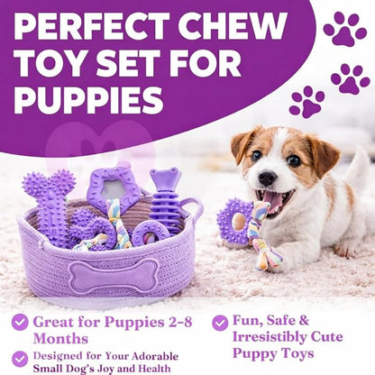 Chew Toys, 6 Pcs Soft Rubber Teething Toys for Small Dogs, Eco-Friendly Interactive Dog Toys, Teeth Cleaning, Cute Purple Design
