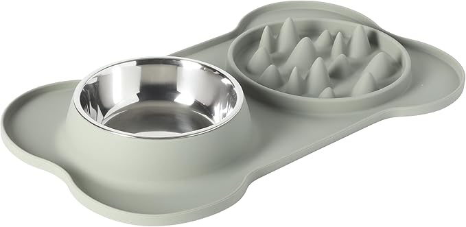 Gibson Home Curious Canines Slow Feeder Dog Bowl Set, 16” Bone Shaped Double Bowl, Silicone Base with Stainless Steel Insert, Anti-Gulp Feeding, Dishwasher Safe, Green