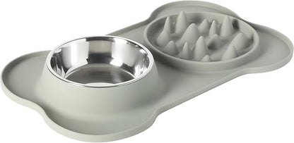 Gibson Home Curious Canines Slow Feeder Dog Bowl Set, 16” Bone Shaped Double Bowl, Silicone Base with Stainless Steel Insert, Anti-Gulp Feeding, Dishwasher Safe, Green