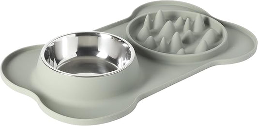 Gibson Home Curious Canines Slow Feeder Dog Bowl Set, 16” Bone Shaped Double Bowl, Silicone Base with Stainless Steel Insert, Anti-Gulp Feeding, Dishwasher Safe, Green