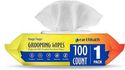 earthbath, Mango Tango Grooming Wipes - Dog Wipes for Paws and Butt, Best Pet Wipes for Dogs & Cats, Made in USA, Cruelty-Free Dog Cleaning Wipes, Removes Dirt & Dander - 100 Count (1 Pack)