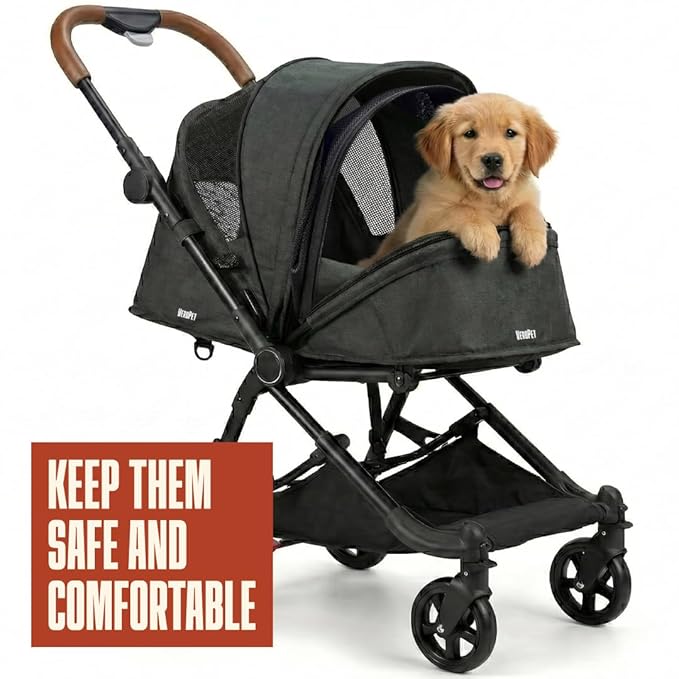 Pet Stroller for Small & Medium Dogs & Cats Lightweight Foldable Travel Stroller with Smooth 4-Wheel Ride, Breathable Mesh, Storage Basket & Aluminum Frame Comfortable & Easy to Maneuver