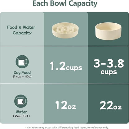 Ceramic 1.2 Cup Raised Slow Feeder Dog Bowl Set, Elevated 6.1inch Bowl and 7.3inch Puzzle Slow Food Dish with Wooden Stand for Medium and Small Dog, Anti-Gulping (2 xLight Yellow+ Stand)