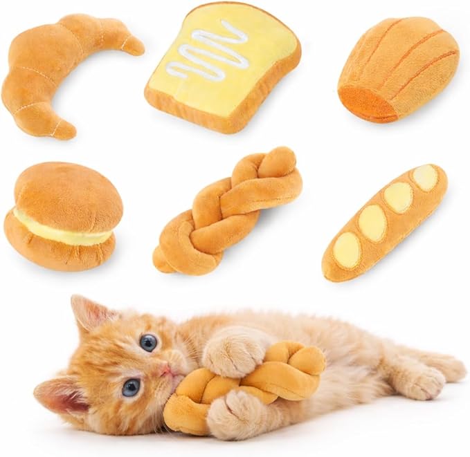Distaratie Cat Toys 6 Pack Bread Catnip Toys Soft and Durable Chew Bite Resistant Toys for Teeth Cleaning Boredom Relief Interactive Soft Chew Kicker Cat Toys for Indoor Cats