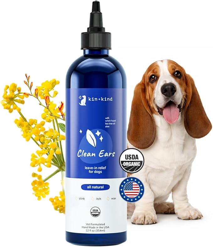 kin+kind Clean Ears - Natural Leave-in Dog Ear Cleanser - Certified USDA Organic - Fragrance Free - 12 fl oz