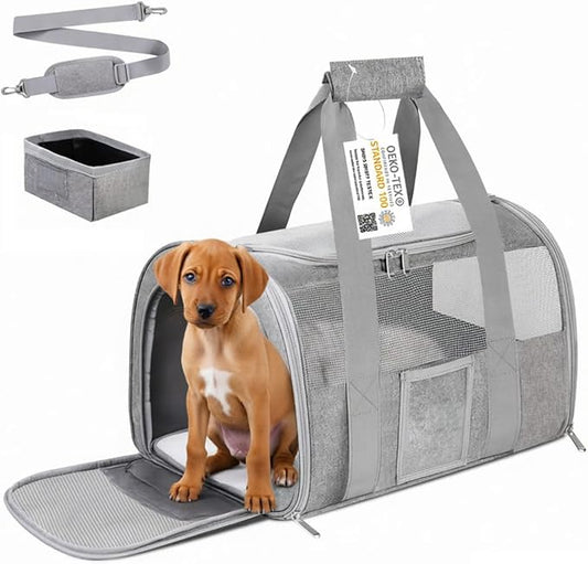 20 Inch Large Cat Carrier, Soft Sided Pet Carrier for Big Cats up to 25 lbs, Airline Approved Expandable Travel Carrier for 2 Cats, Puppy Carrier with Collapsible Food Bowl, Grey