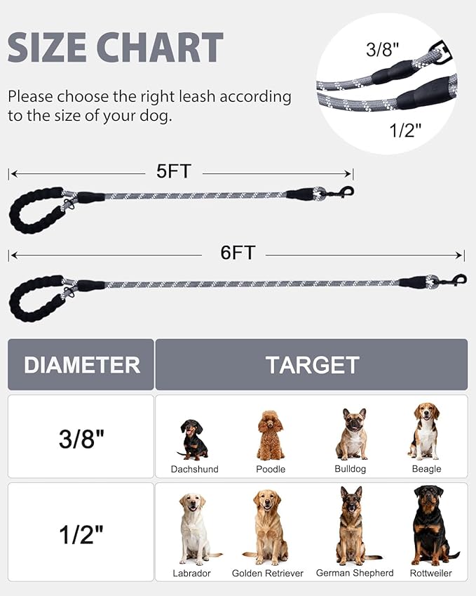 Joytale Dog Leash for Small Dogs, Heavy Duty Nylon Leashes with Comfortable Padded Handle and Highly Reflective Threads, Ideal for Walking and Training, Gray, 6'×3/8''