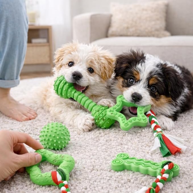 Puppy Chew Toys, 6 Pcs Teething for Small Breed, Soft Rubber Cute Green Dog Toys, Eco-Friendly, Teeth Cleaning, Interactive Tiny Toys for Small Dog,(Basket not Included)