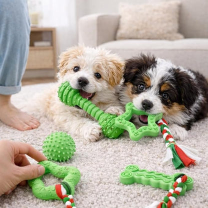 Puppy Chew Toys, 6 Pcs Teething for Small Breed, Soft Rubber Cute Green Dog Toys, Eco-Friendly, Teeth Cleaning, Interactive Tiny Toys for Small Dog,(Basket not Included)
