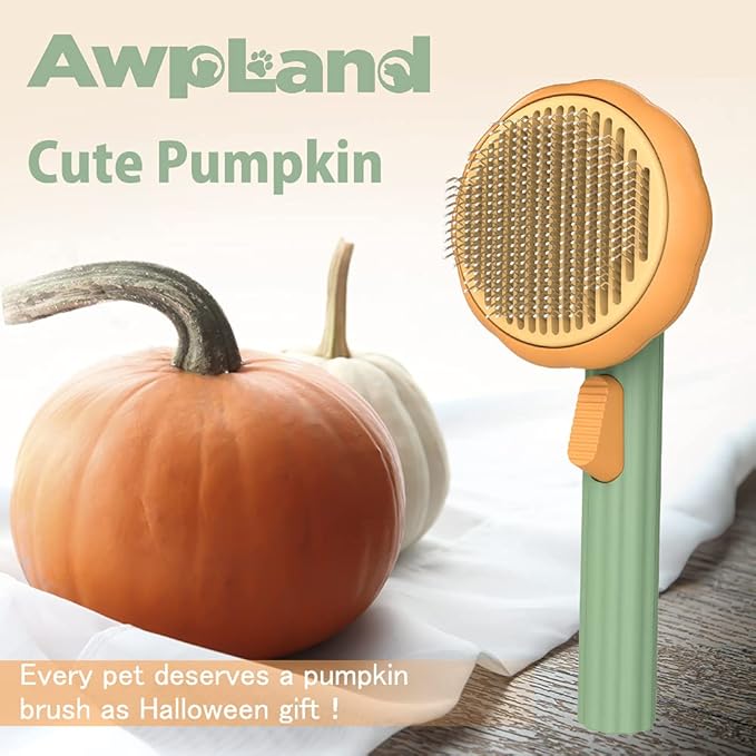 Pumpkin Cat Brush, Gentle Self Cleaning Pet Brush with Release Button for Cats and Dogs, Easy to Remove Loose Hair Daily Grooming Tool During Shedding Season