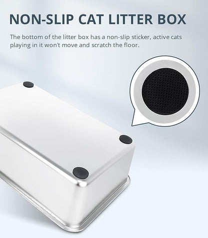 Stainless Steel Cat Litter Box, 4in Shallow Litter Box for Senior Cats and Kittens, Large Metal Litter Pan Nonstick Odor Control Anti-Corrosion