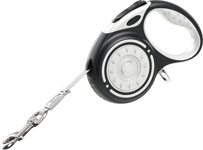 Retractable Dog Leash for Medium & Large Dogs up to 80 lbs, One-Handed Brake, 180kg Strong Nylon Tape, Tangle Free, Anti-Slip Handle (M & L Size) (Black Grey, L-5M)